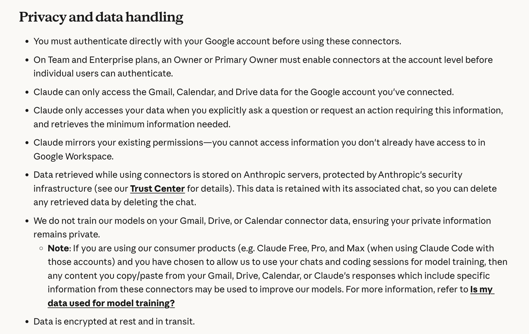 Anthropic support page: Privacy and data handling for Google Workspace connectors