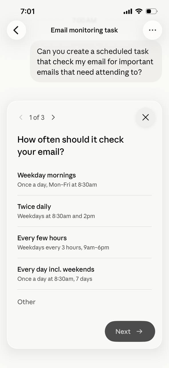 Claude asking how often to check email