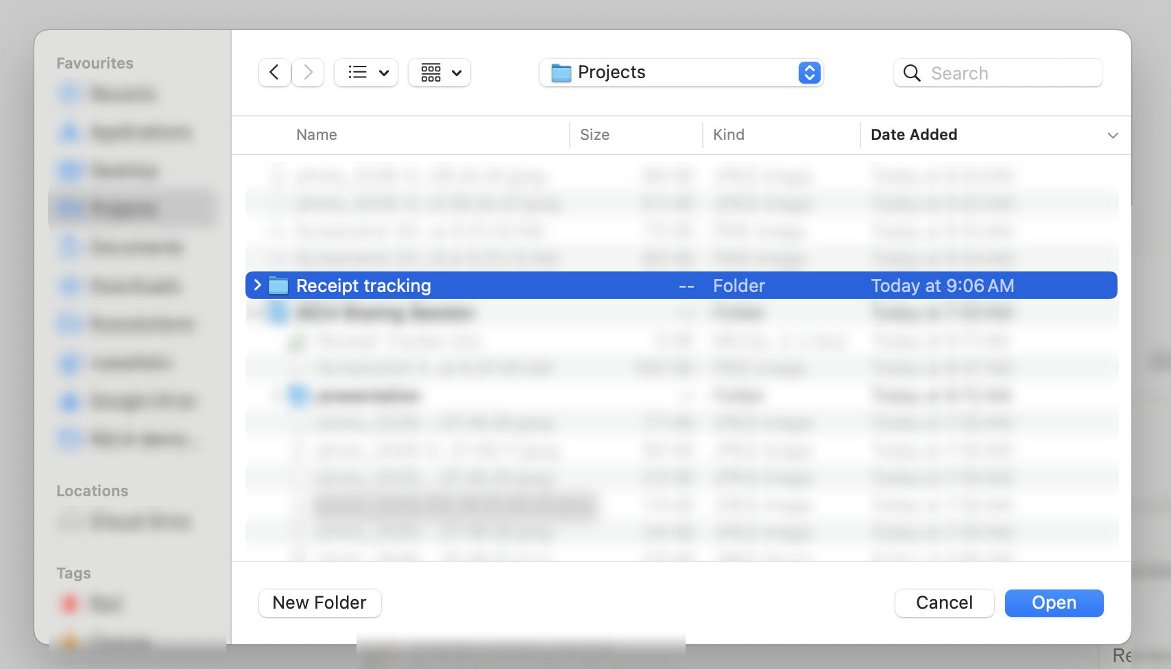 Folder picker with Receipt tracking selected