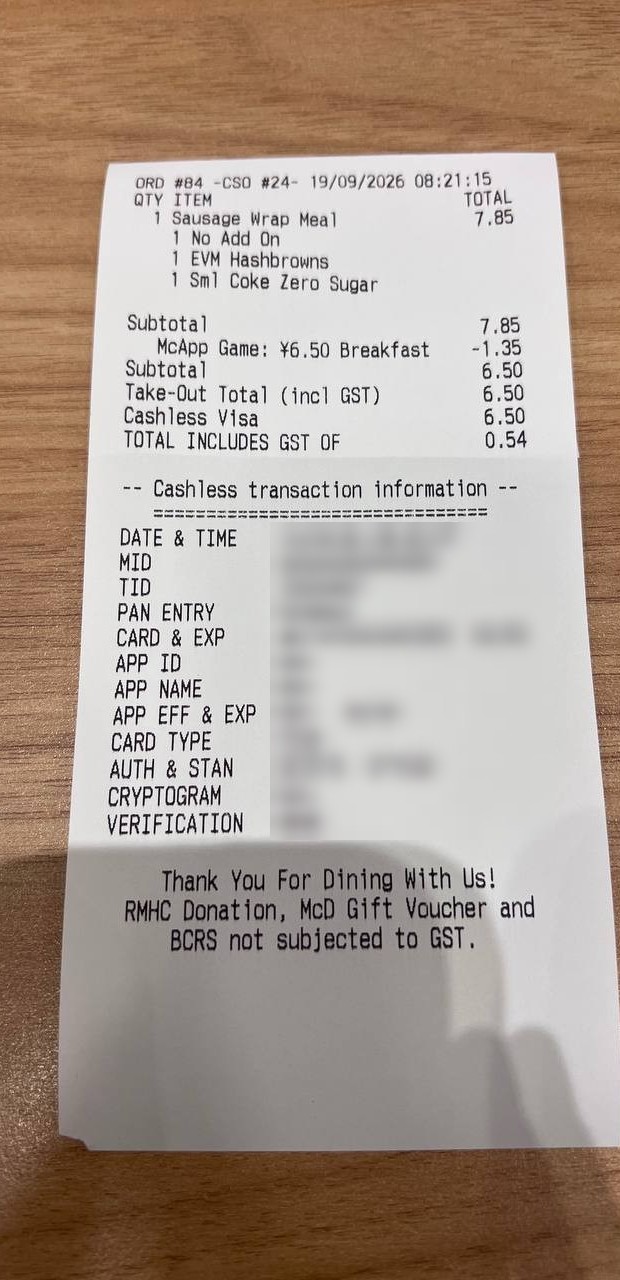 Photo of a McDonald's receipt