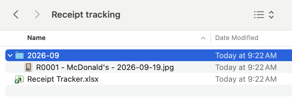 Finder showing the renamed receipt in the 2026-09 folder