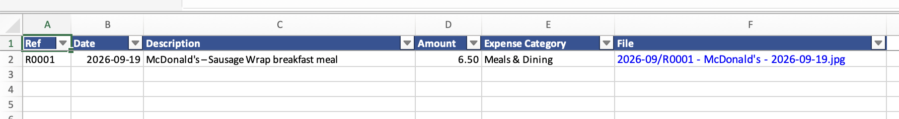 Receipt Tracker spreadsheet with the new row